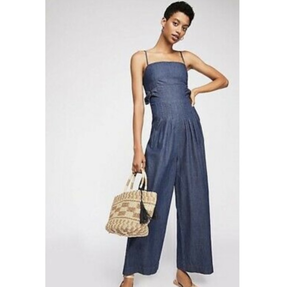Free People Denim Tie-Shoulder Wide Leg Jumpsuit